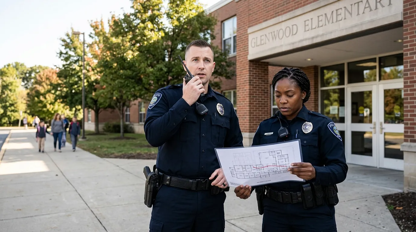Police officers coordinating response outside a school building