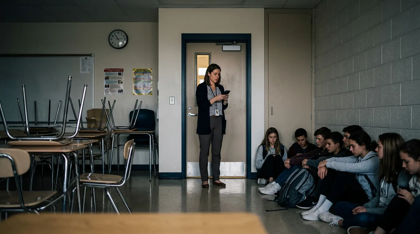 Teacher sheltering students in a locked classroom during drill