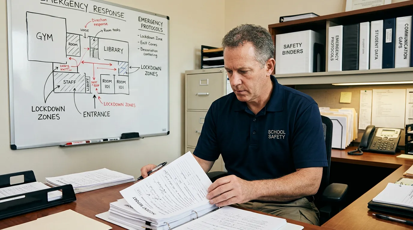 School safety director reviewing incident coordination dashboard at desk