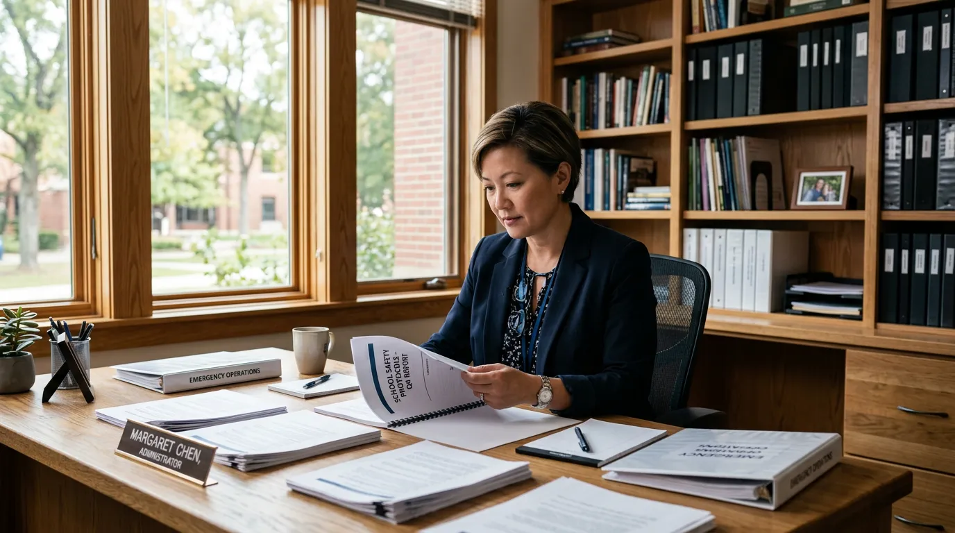 School administrator reviewing safety and operations data at desk