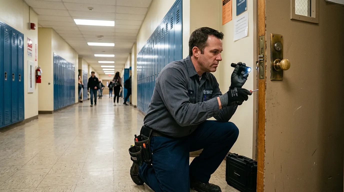 Facilities technician inspecting door hardware in school hallway