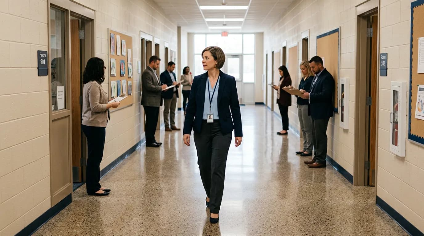 School principal walking hallway during safety drill