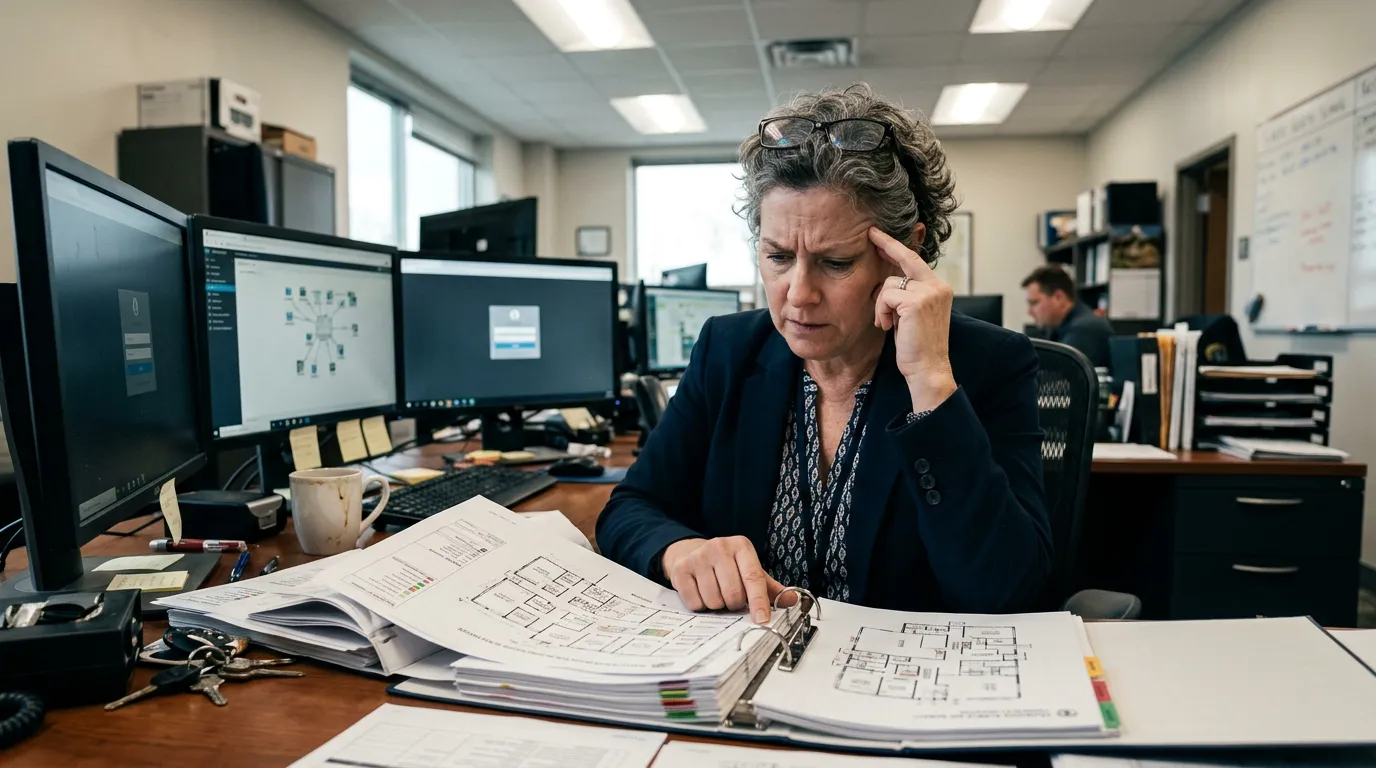 School safety director reviewing multiple security dashboards at once
