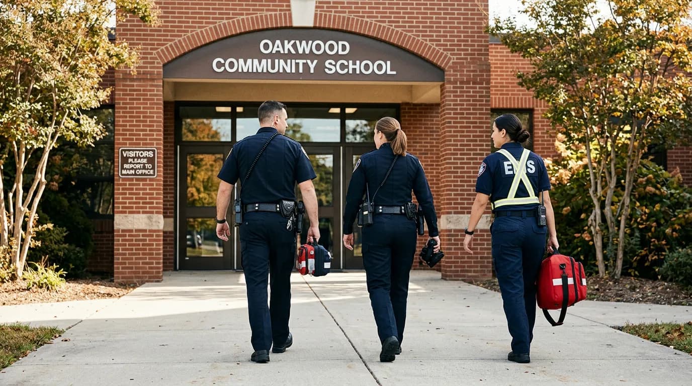 First responders arriving at a school building entrance