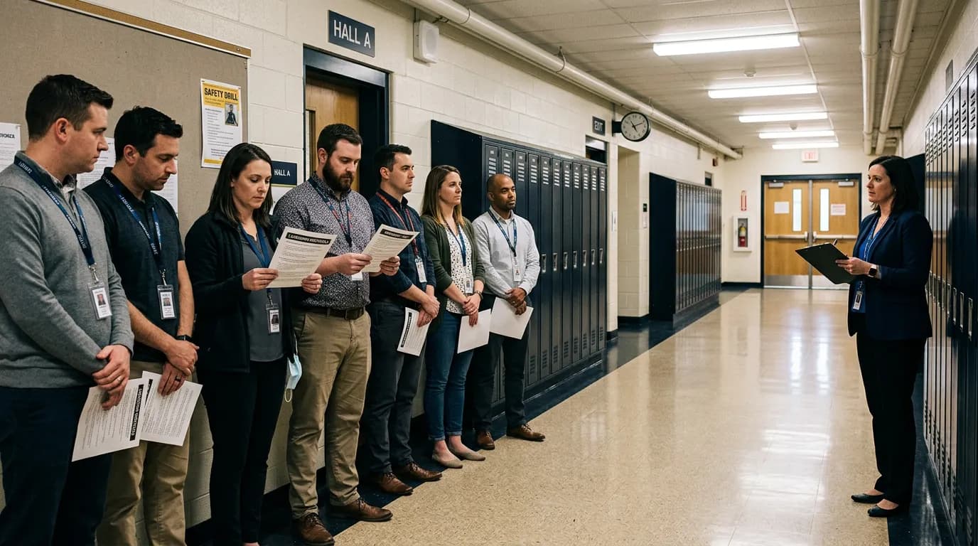 Teachers participating in a school emergency response drill